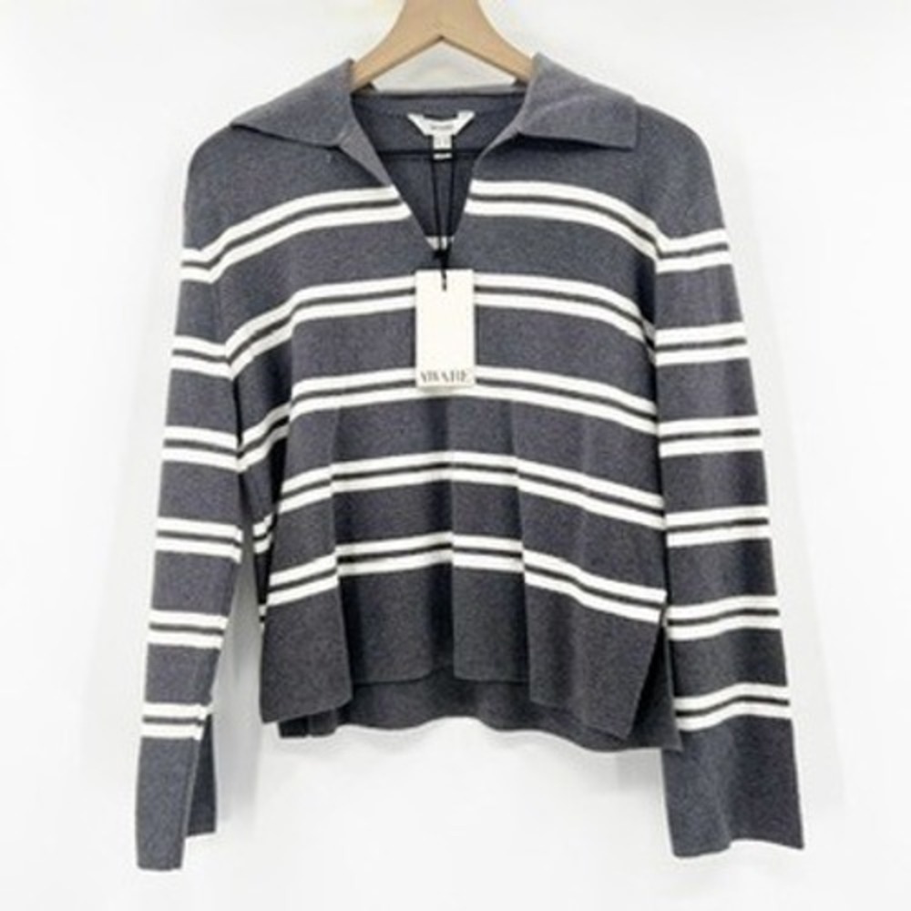 anthro Women's Charcoal Gray White Stripe Collared Quarter Zip Sweater XS - Picture 2 of 6